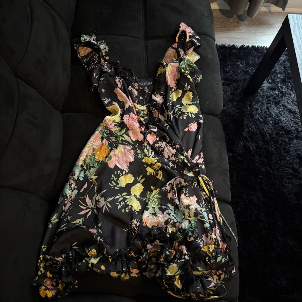 Current Mood Floral Wrap Dress - Black, Pink, Yellow, Green
